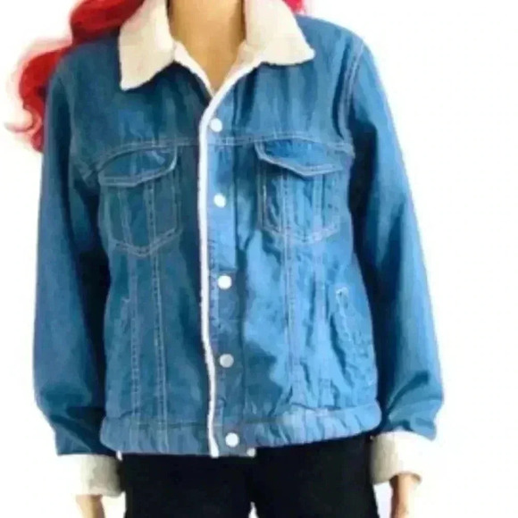 Vintage 90’s Sherpa lined denim jacket coat medium snap closure trucker barn - Picture 4 of 9